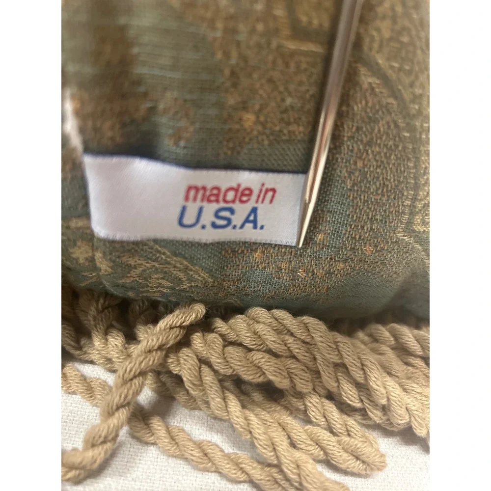 Newport Lumbar Pillow Damask Medallion Sage Gold Tan Rope Fringe Made in USA